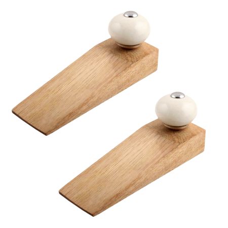 2 Pieces Cream Round Ceramic Wooden Door Stopper